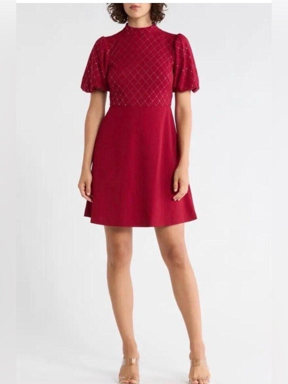 Eliza J Red Diamond-Embellished Puff-Sleeve Mini Dress